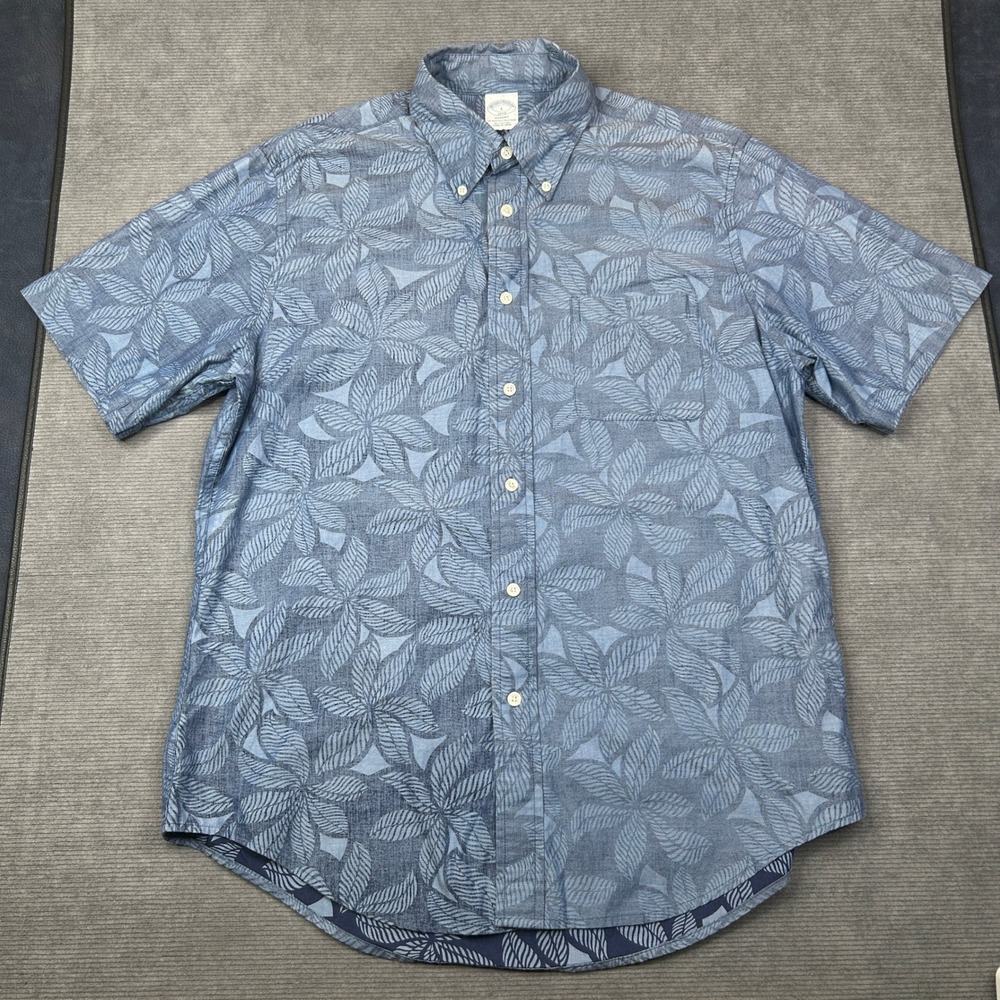 Brooks Brothers Regent Fit Short Sleeve Shirt Blue Leaf Print Cotton Mens L Y2k